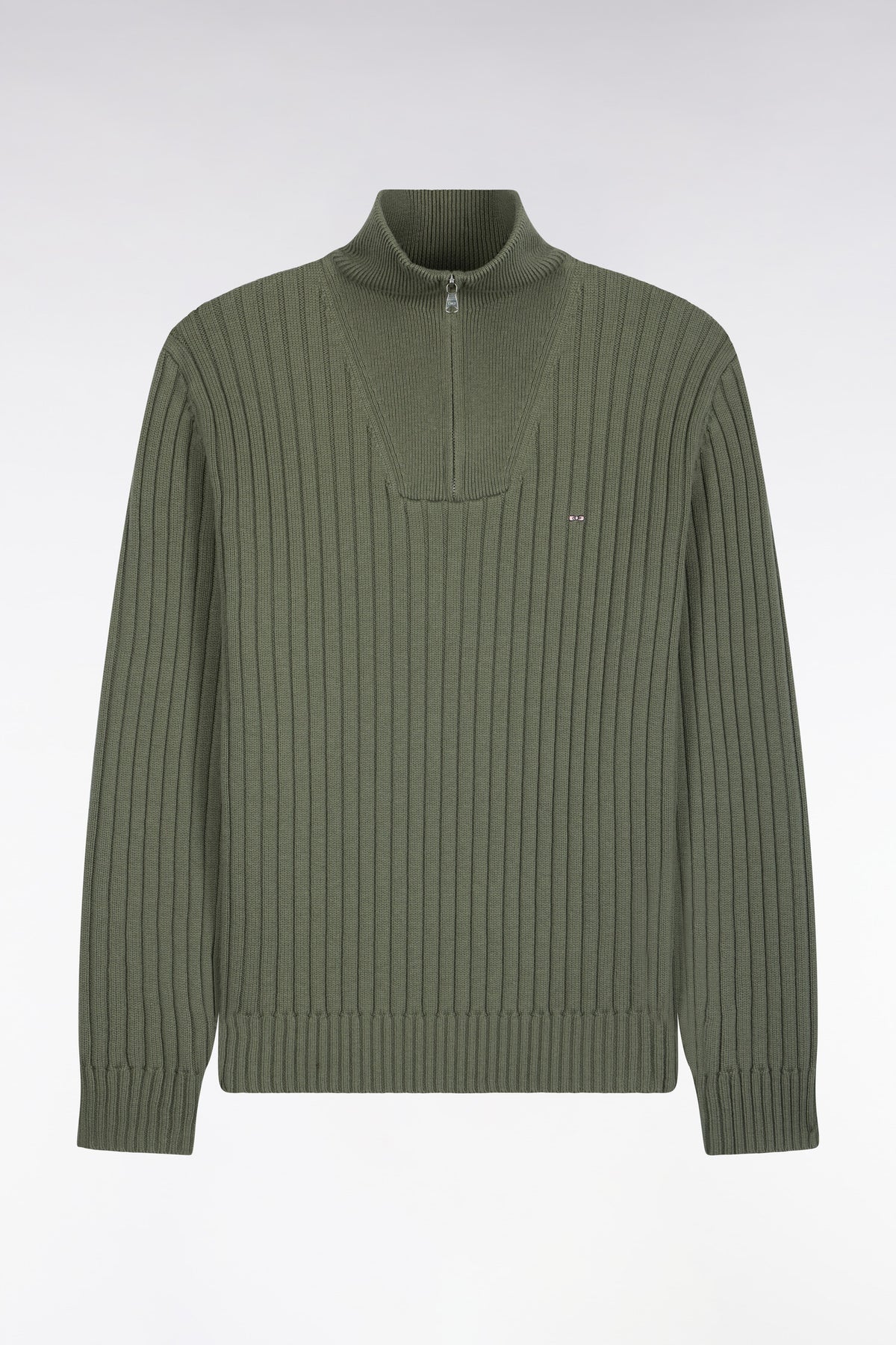 Pull col camionneur en laine et coton vert olive côtelé coupe droite