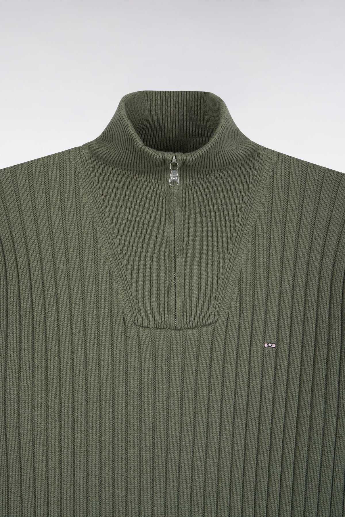 Pull col camionneur en laine et coton vert olive côtelé coupe droite