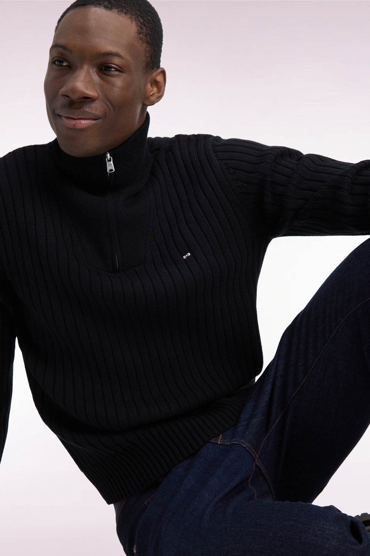 Pull col camionneur en laine et coton noir côtelé coupe droite
