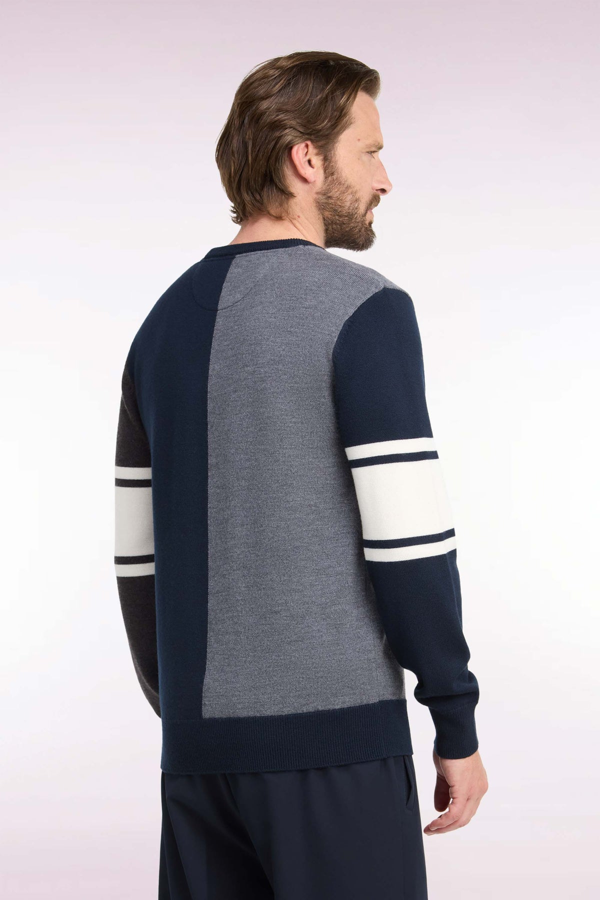 Pull à col rond à découpe verticale en jersey de laine mérinos tricolore