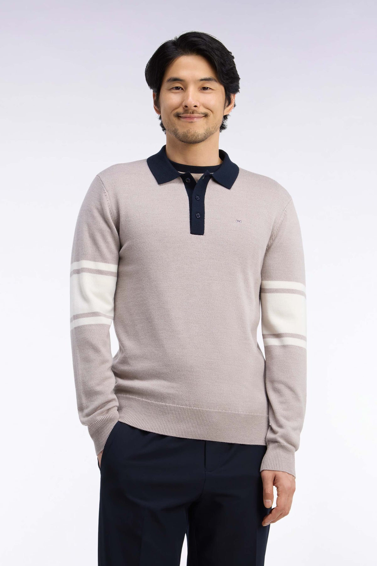 Pull à col polo en jersey de laine mérinos beige