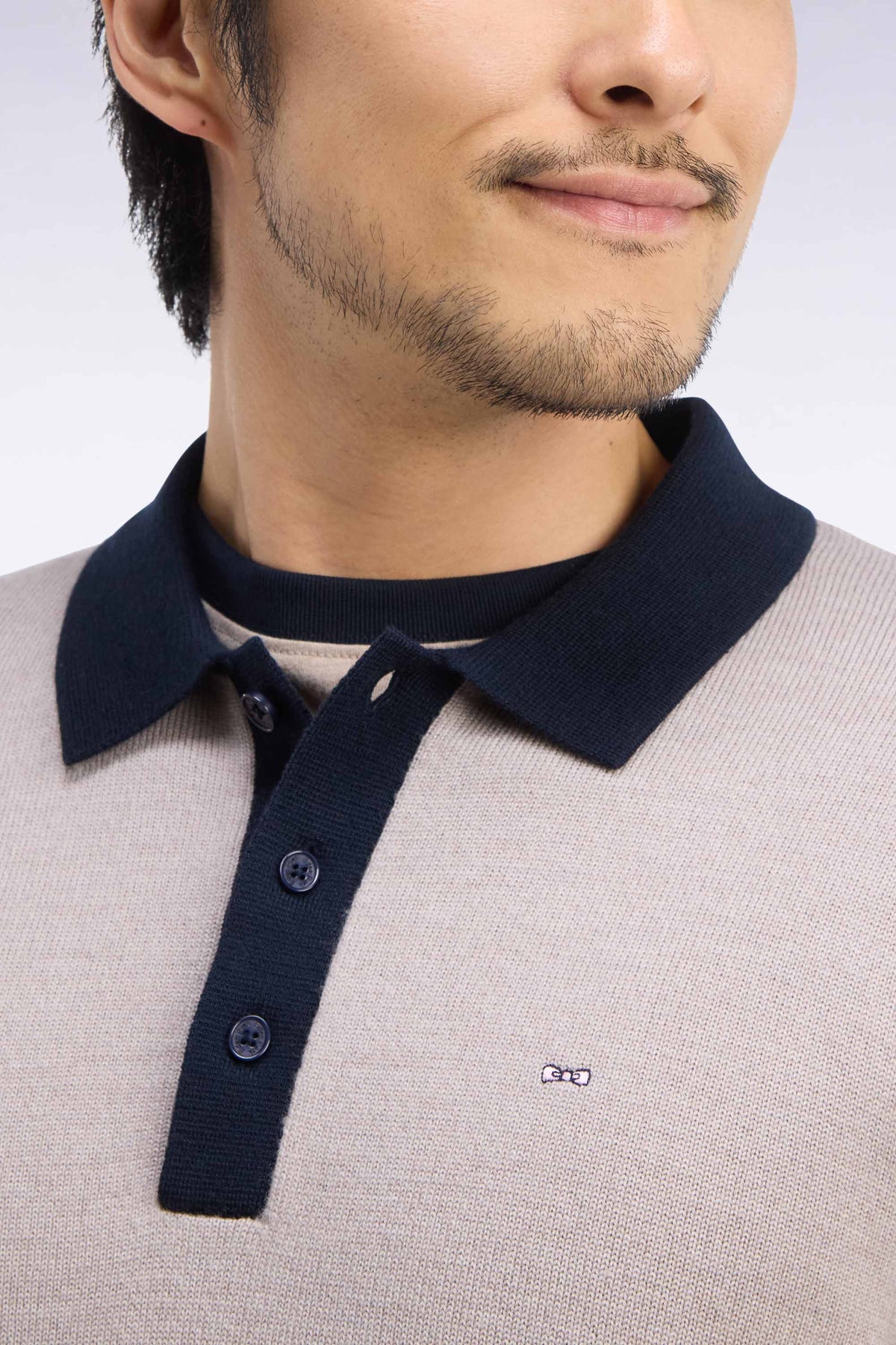 Pull à col polo en jersey de laine mérinos beige