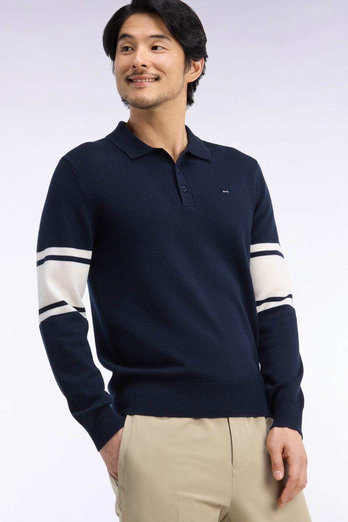 Polo collar sweater in navy merino wool jersey