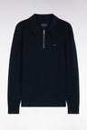 Pull à col polo zippé en coton et viscose marine coupe droite