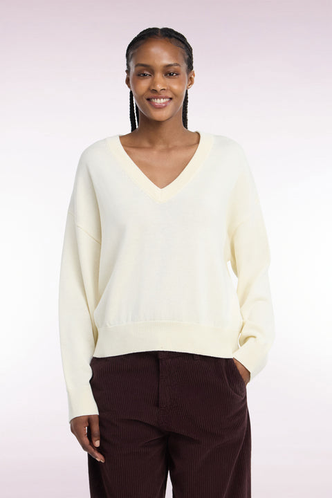 Pull col V en laine et coton écru coupe oversized - Image 3