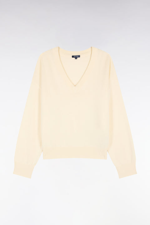 Pull col V en laine et coton écru coupe oversized - Image 2