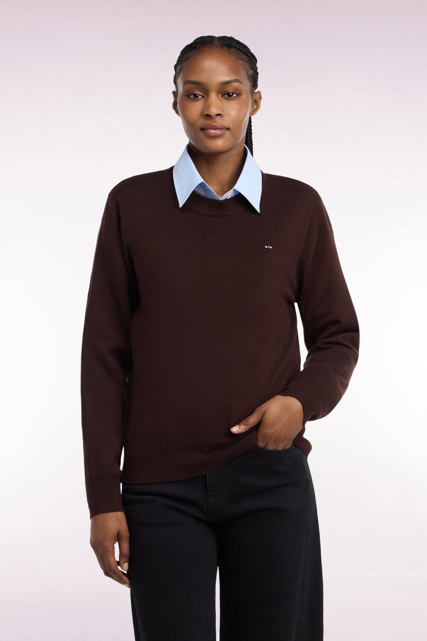 Pull col rond en laine marron coupe droite
