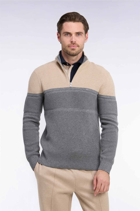 Pull à col camionneur en laine et coton bicolore beige et gris - Image 3