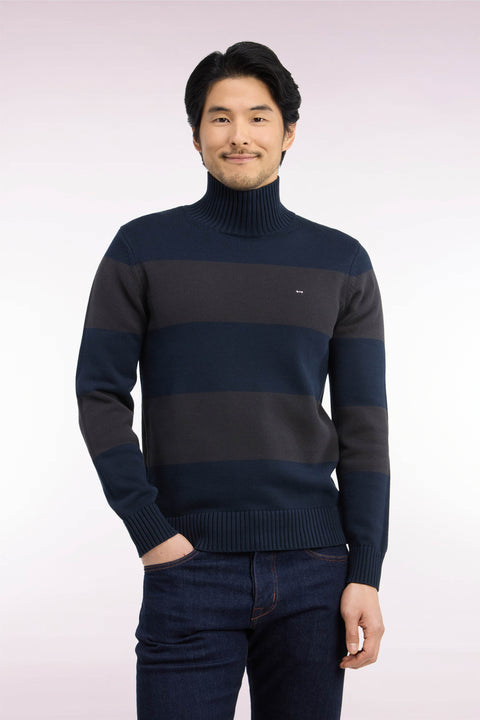 Pull col cheminée en coton rayé marron et marine coupe droite - Image 3
