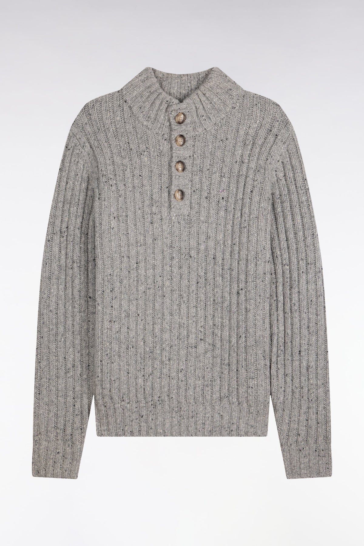 Pull à col montant boutonné en maille épaisse côtelée gris chiné