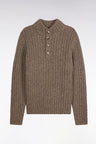Khaki heather ribbed thick knit buttoned high-neck sweater