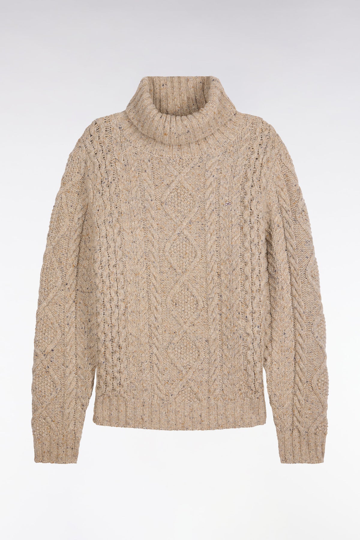 Beige cable knit straight fit turtleneck sweater