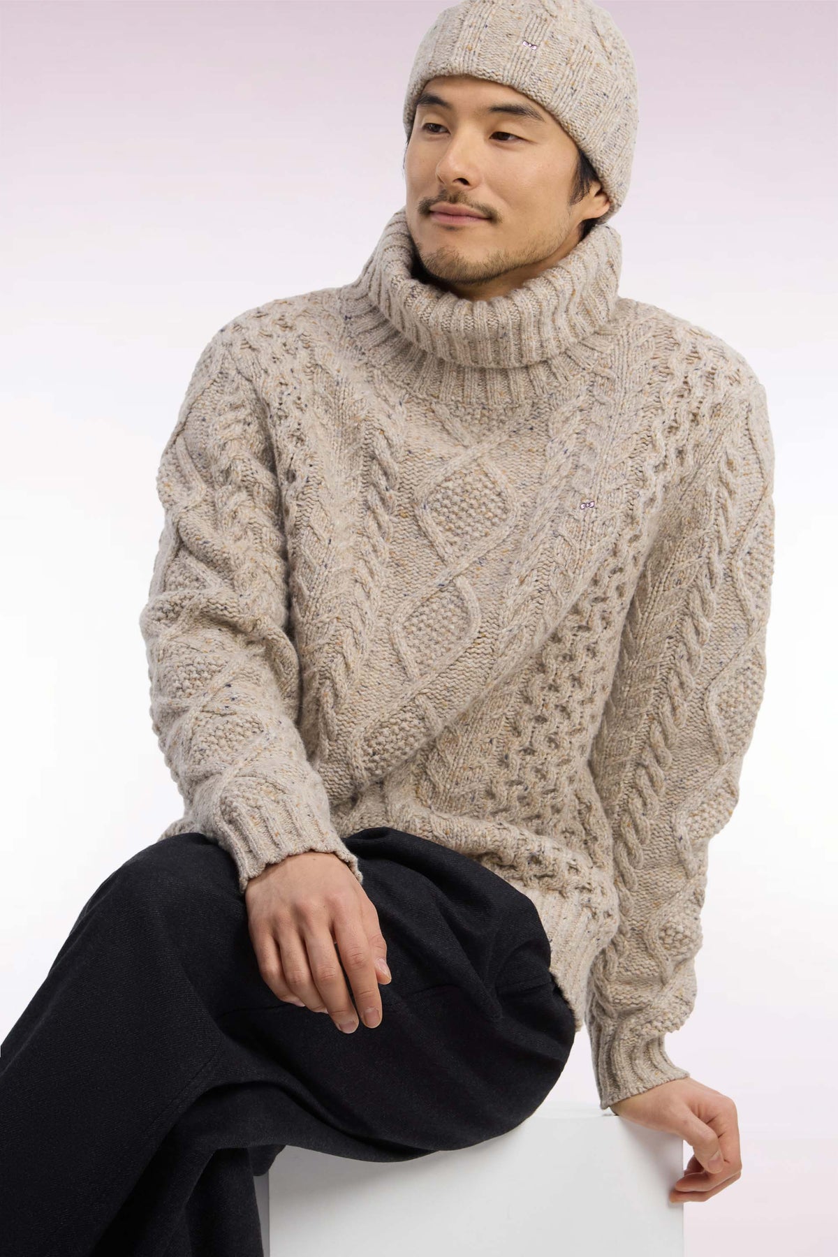 Beige cable knit straight fit turtleneck sweater