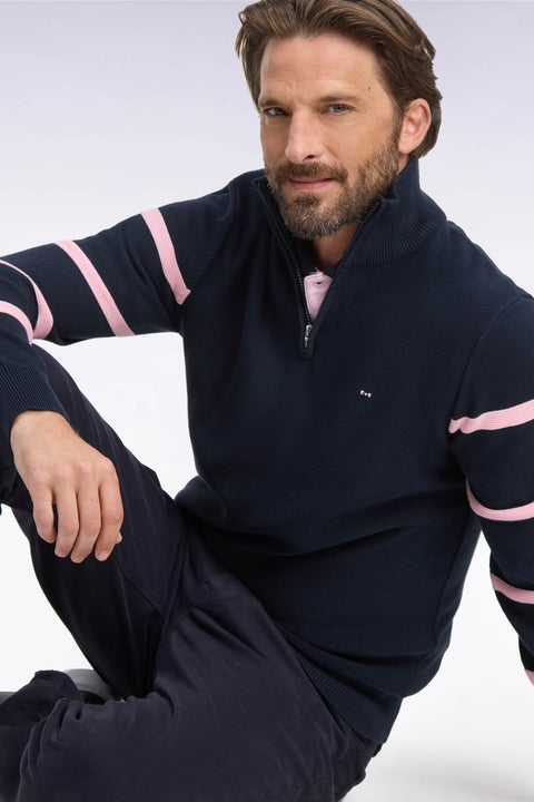 Pull à col montant zippé en coton marine à rayures de manches roses coupe regular - Image 1