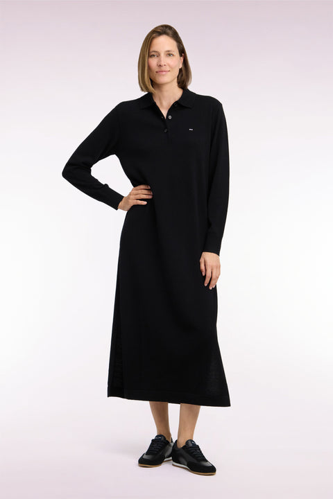 Robe midi à col polo en laine vierge et cachemire noire coupe droite - Image 3