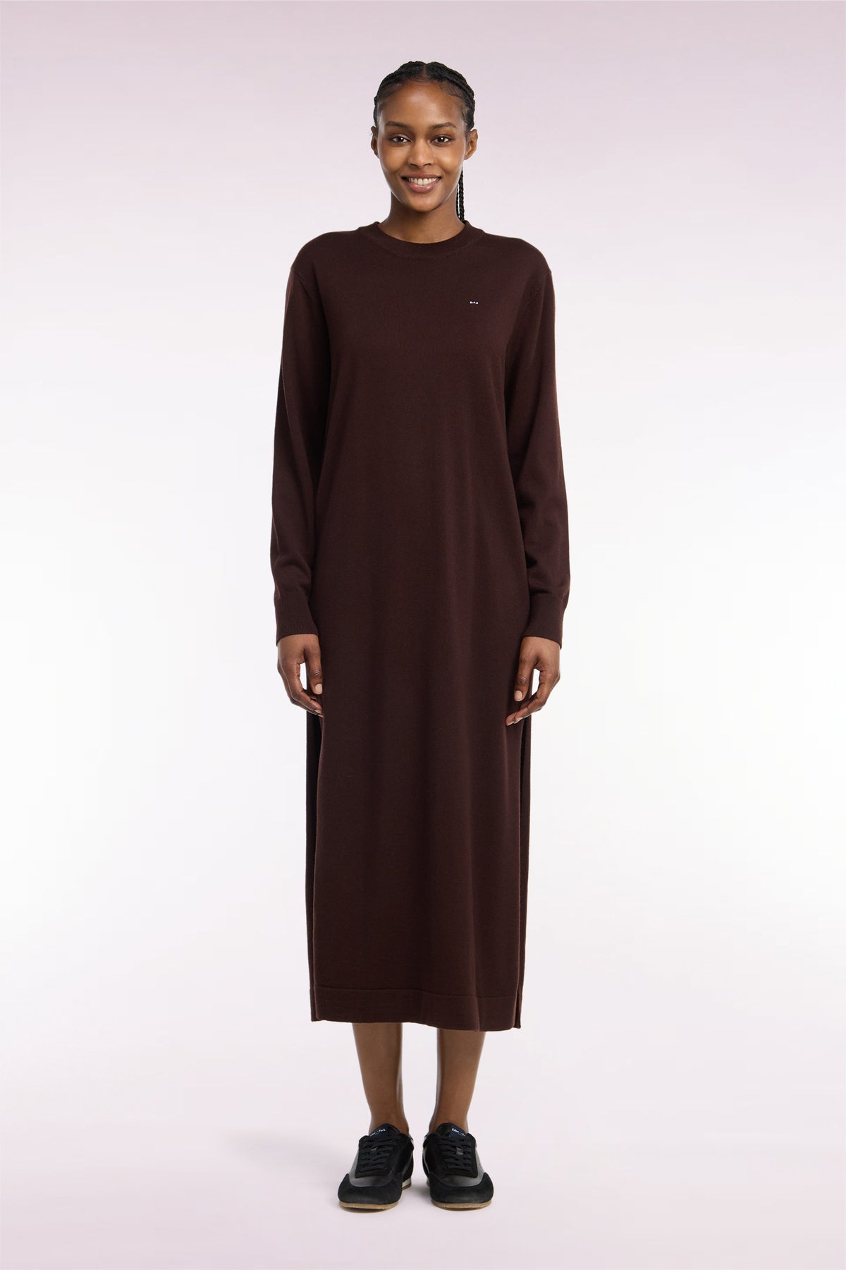 Robe midi fendue en laine marron coupe droite