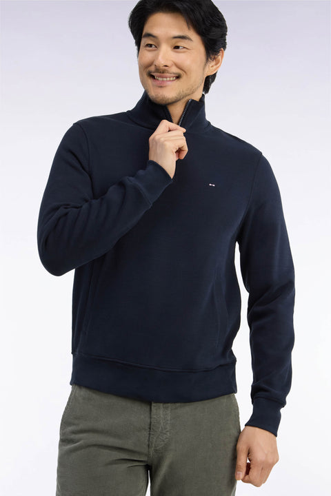 Sweatshirt col camionneur en molleton coton marine coupe droite - Image 1