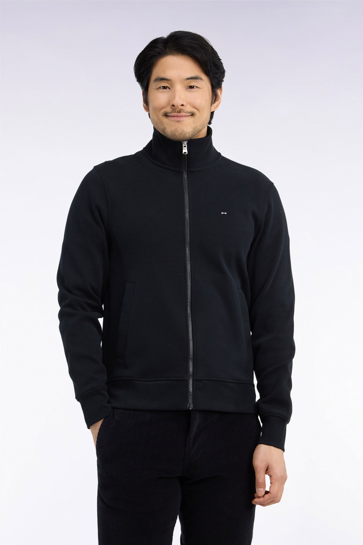 Sweatshirt zippé en molleton coton noir coupe droite