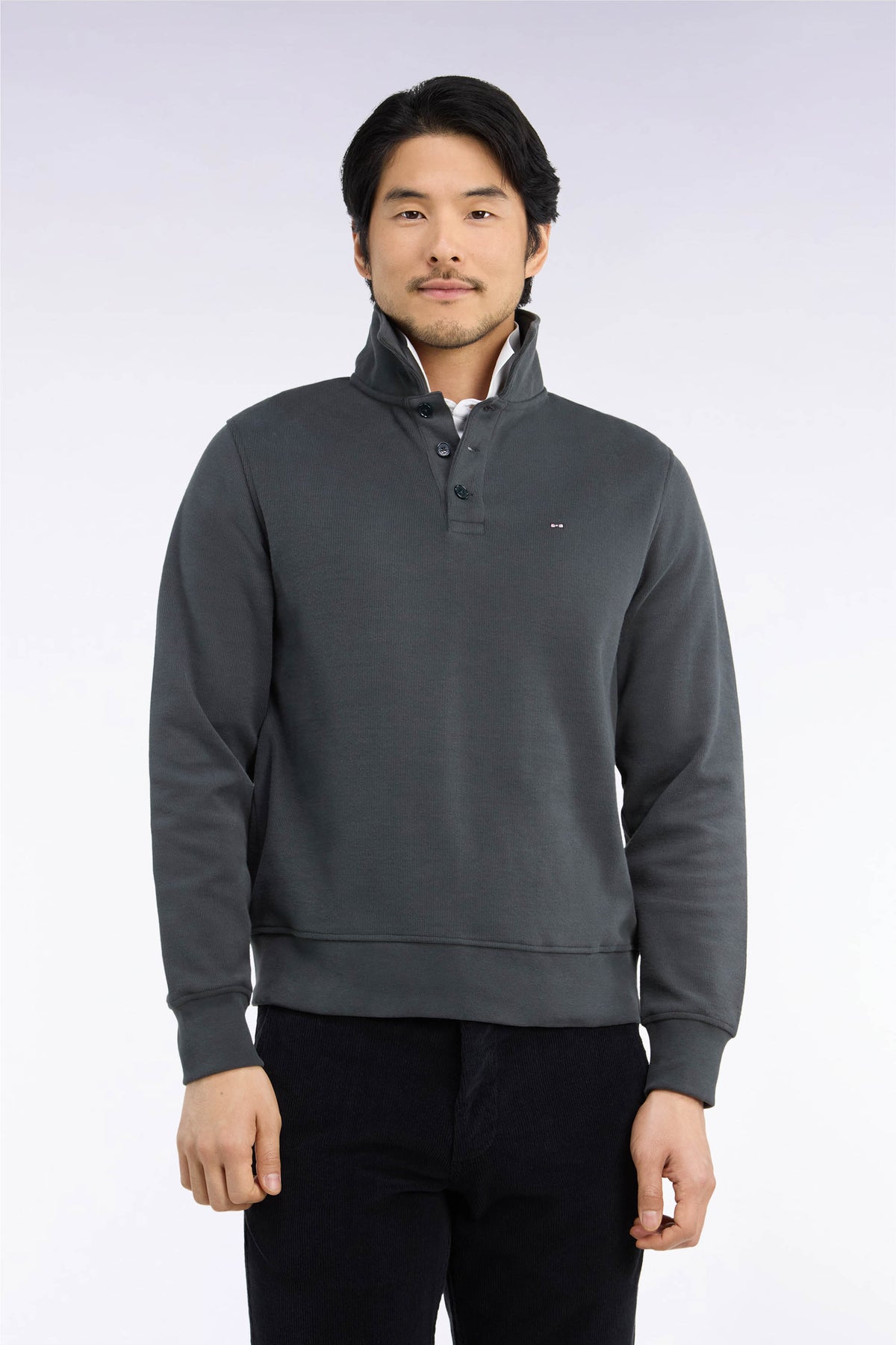 Sweatshirt col polo en coton kaki coupe droite