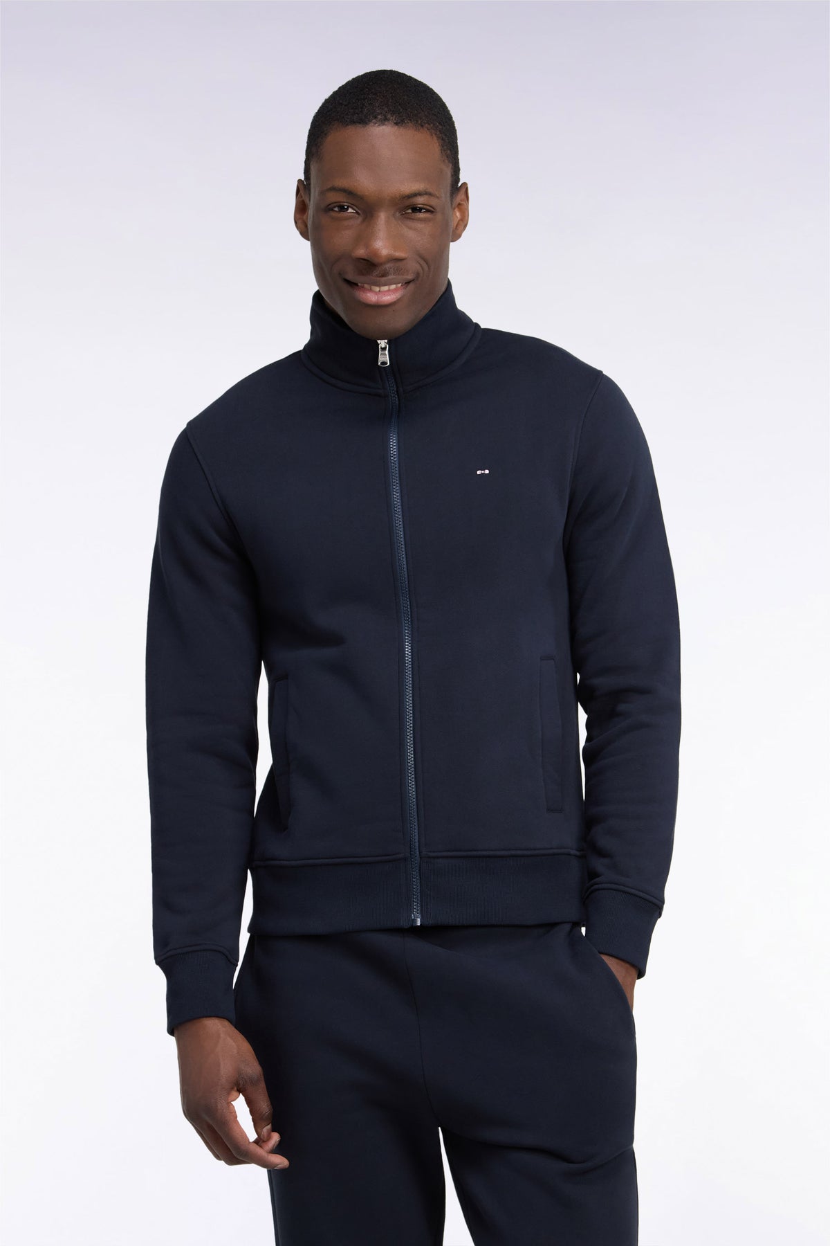Zippered sweatshirt with trucker collar in navy cotton, straight cut