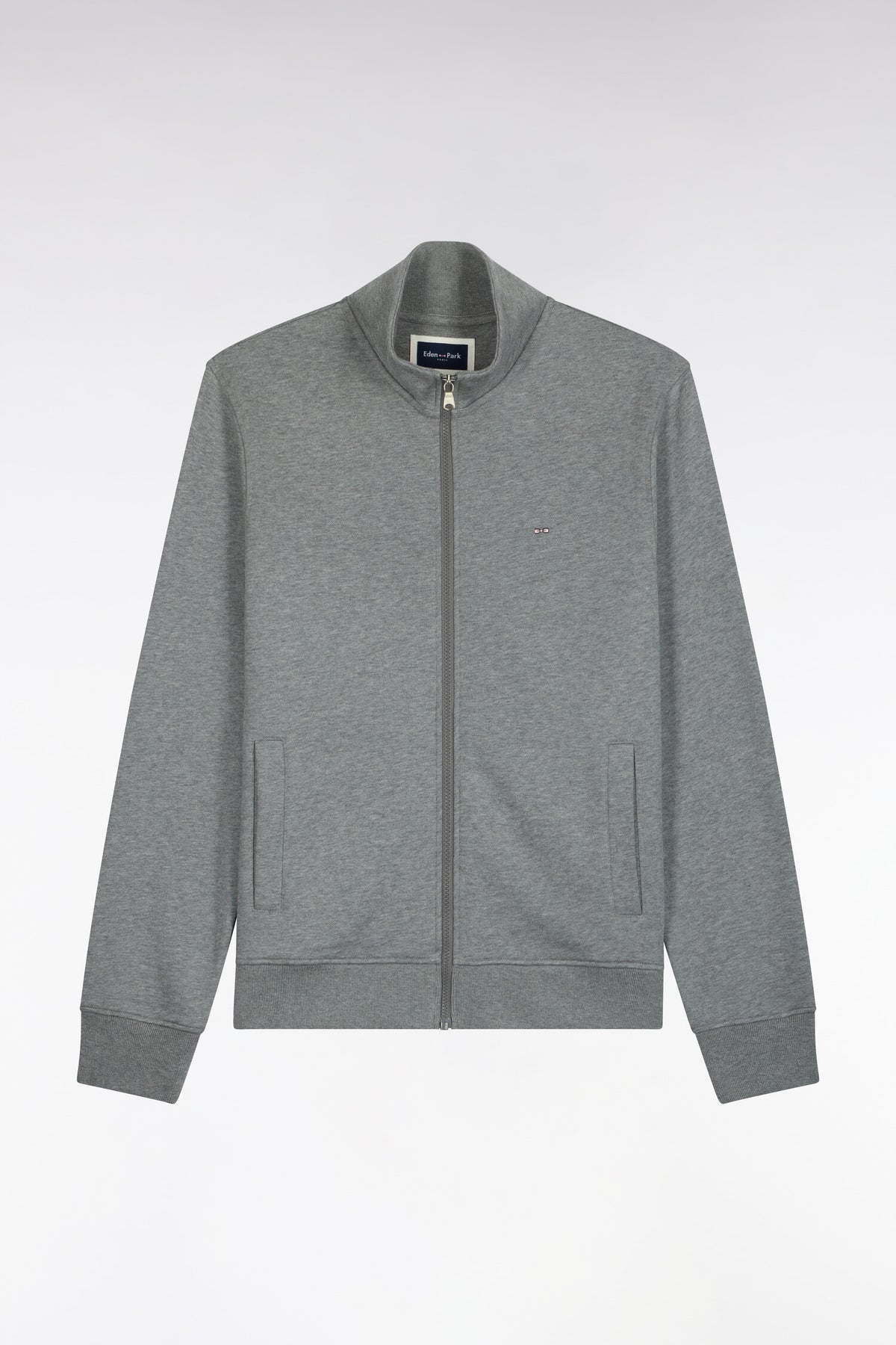 Straight-fit gray cotton trucker neck zipped sweatshirt