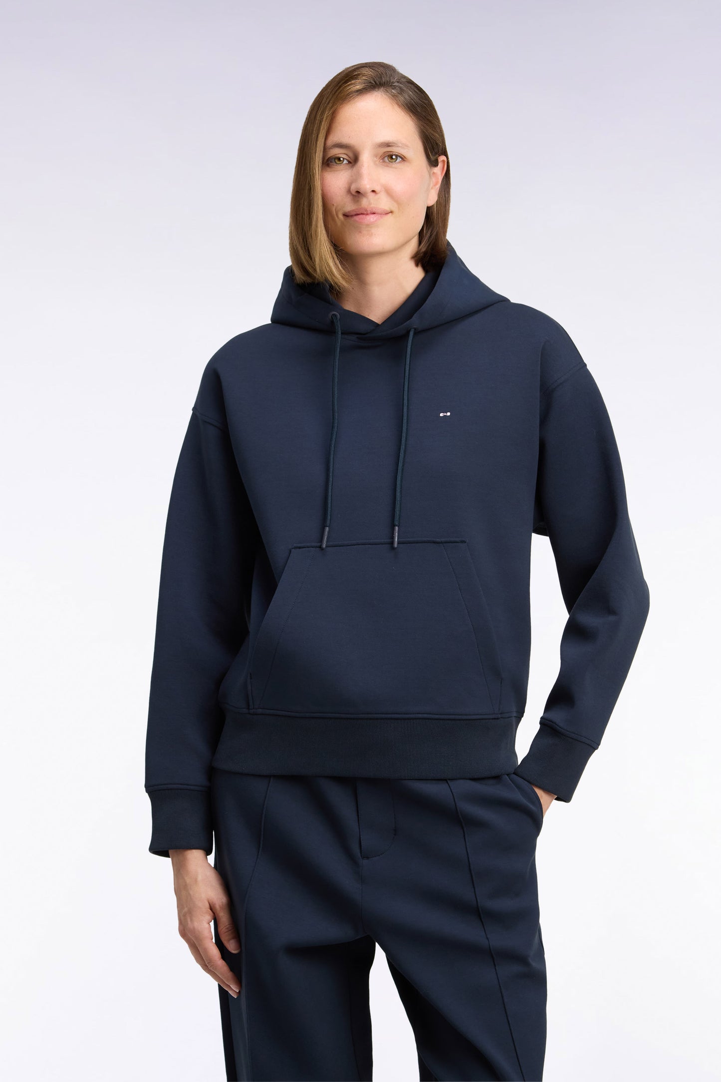 Sweatshirt à capuche unisexe en interlock marine coupe loose