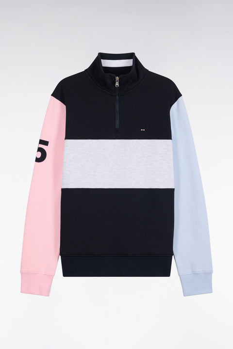 Sweatshirt col camionneur en coton marine à découpes coupe droite - Image 2