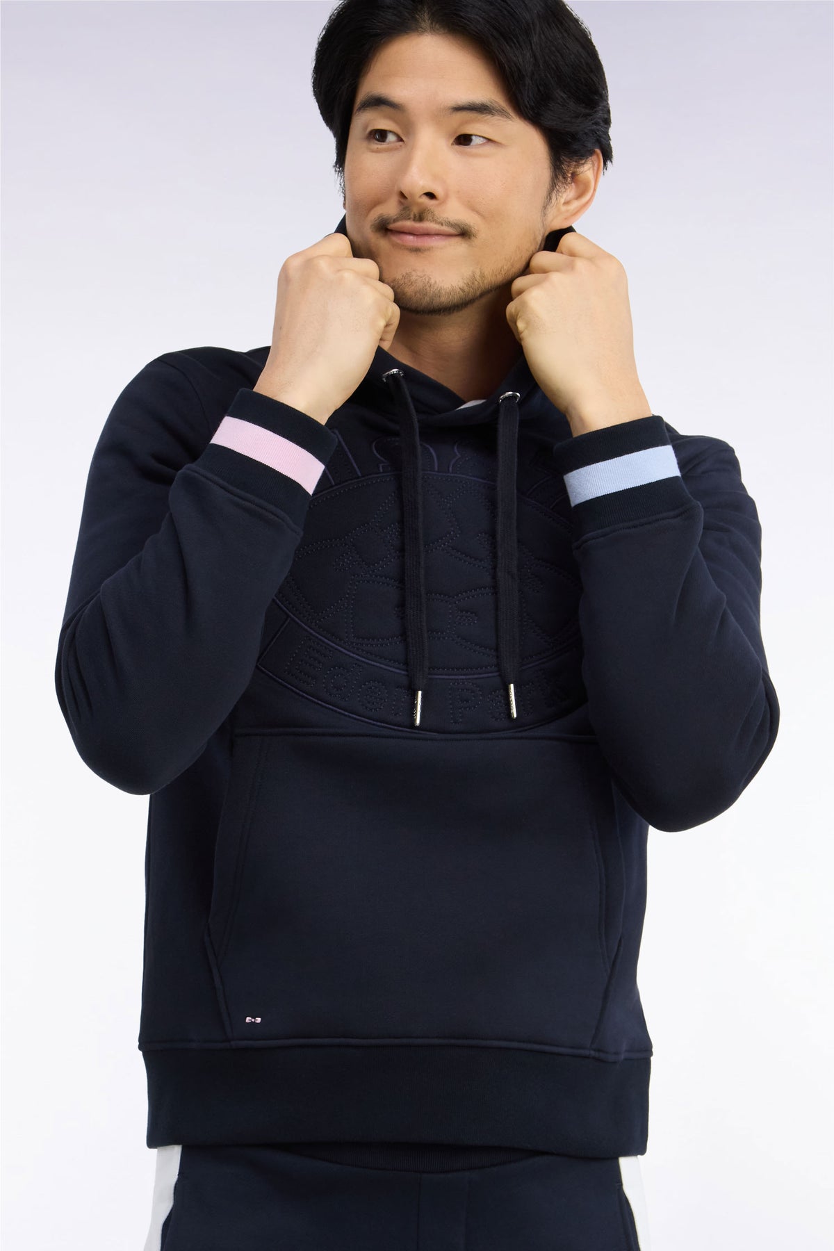 Sweatshirt à capuche en molleton coton marine brodé coupe droite