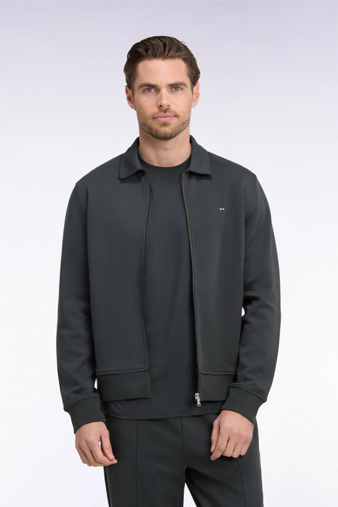 Sweatshirt zippé à col polo en coton kaki coupe droite - Image 3