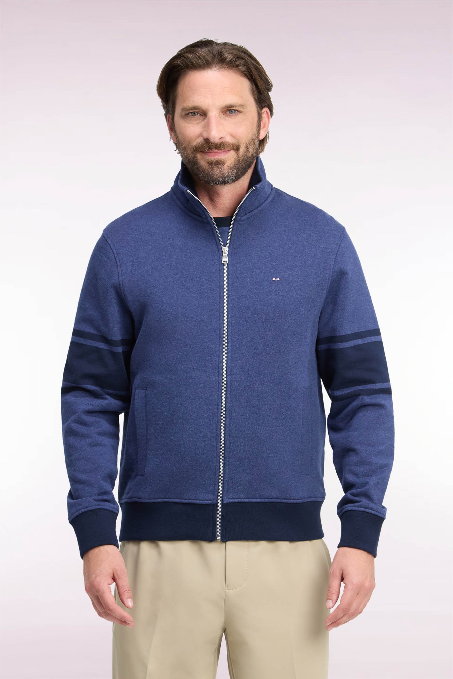 Sweatshirt zippé à col montant en molleton coton chiné coupe droite