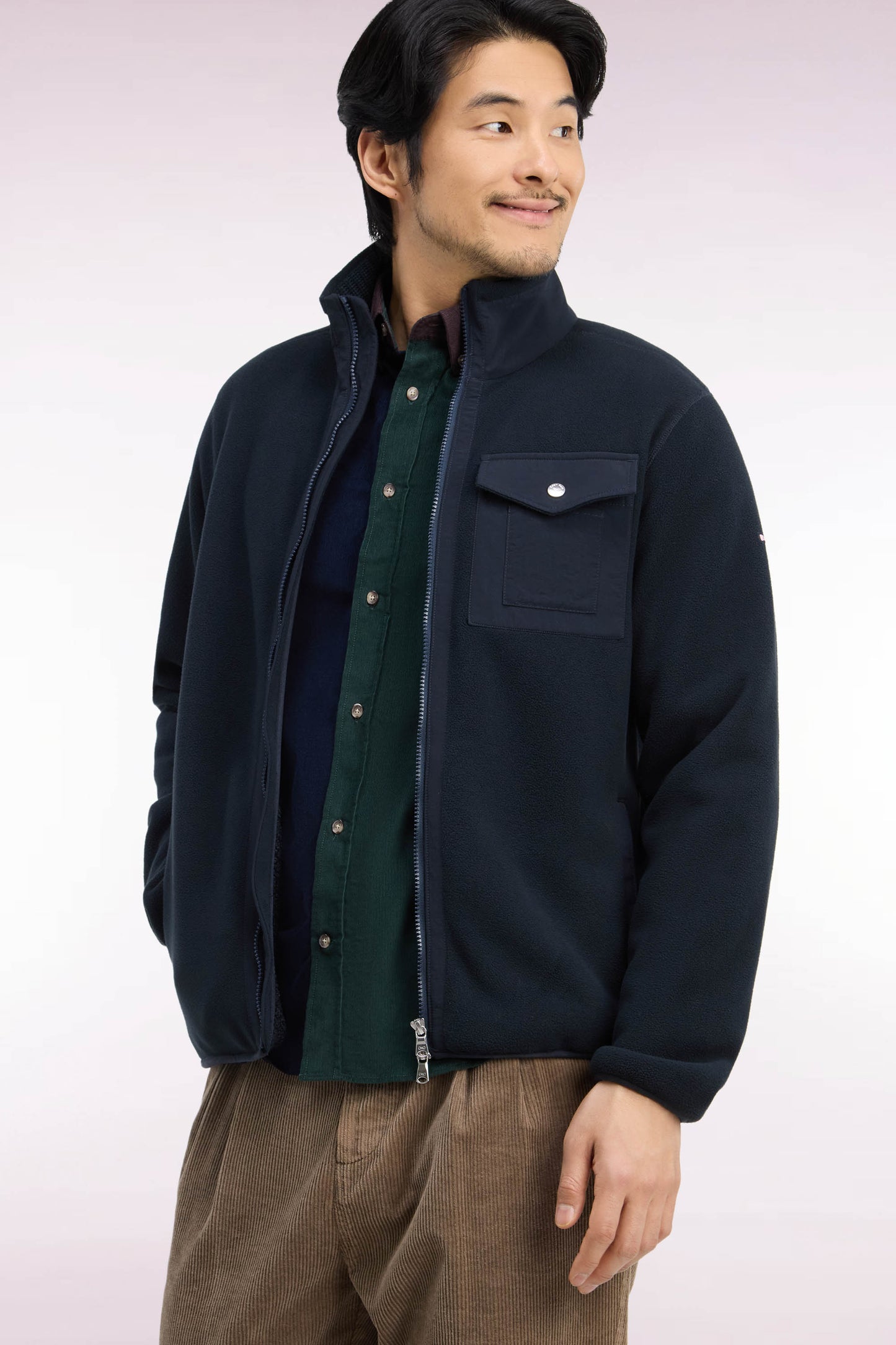 Sweatshirt zippé à bouclettes marine coupe droite