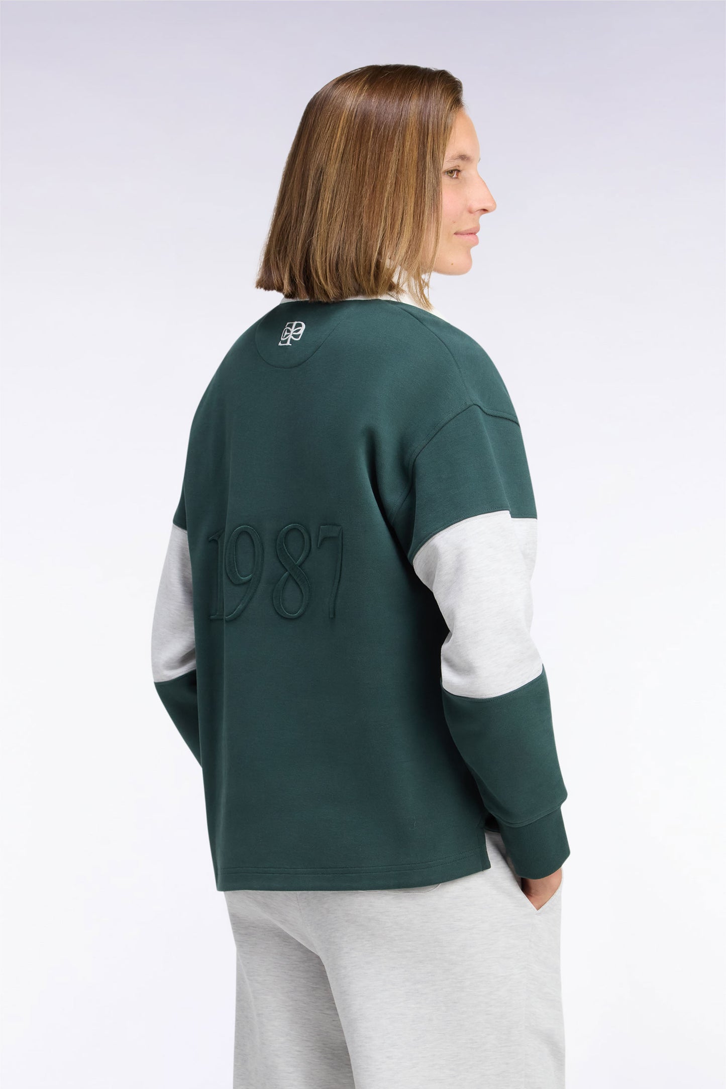 Sweatshirt unisexe à col maillot en interlock vert broderies héritage coupe loose