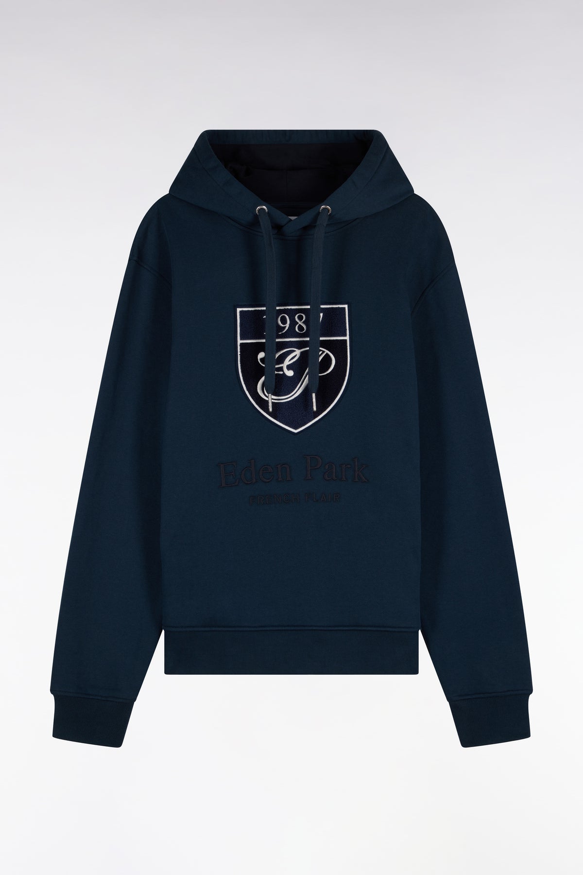 Sweatshirt à capuche en molleton coton gris broderie héritage coupe droite