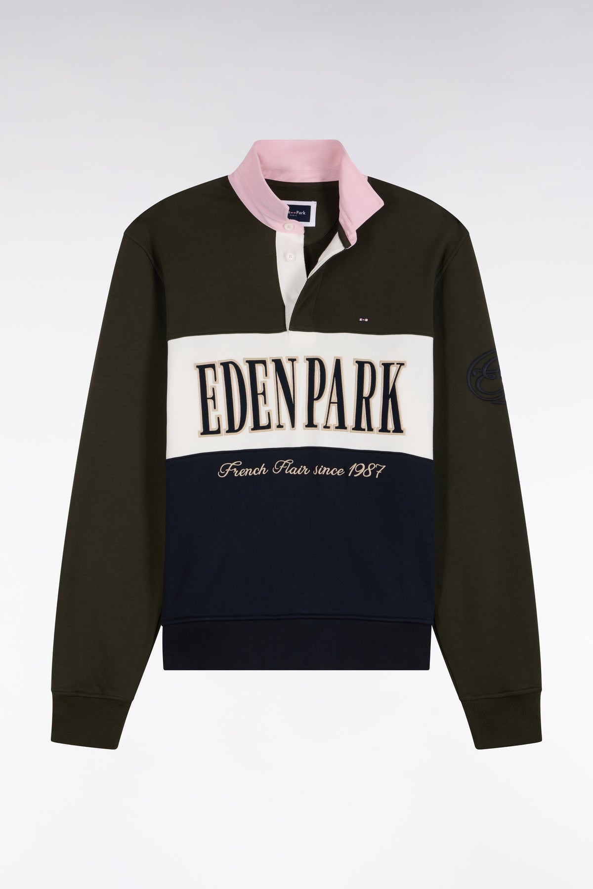 Sweatshirt zippé à col polo kaki coupe droite