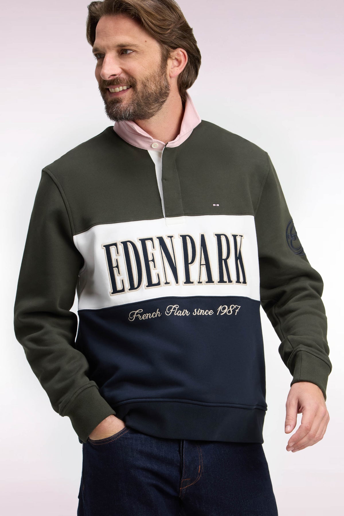 Sweatshirt zippé à col polo kaki coupe droite