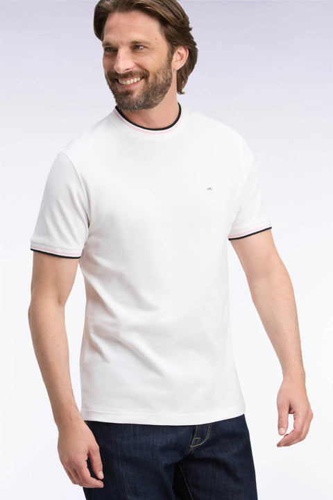 T-shirt manches courtes en coton écru à bords-côtes rayés coupe droite - Image 1