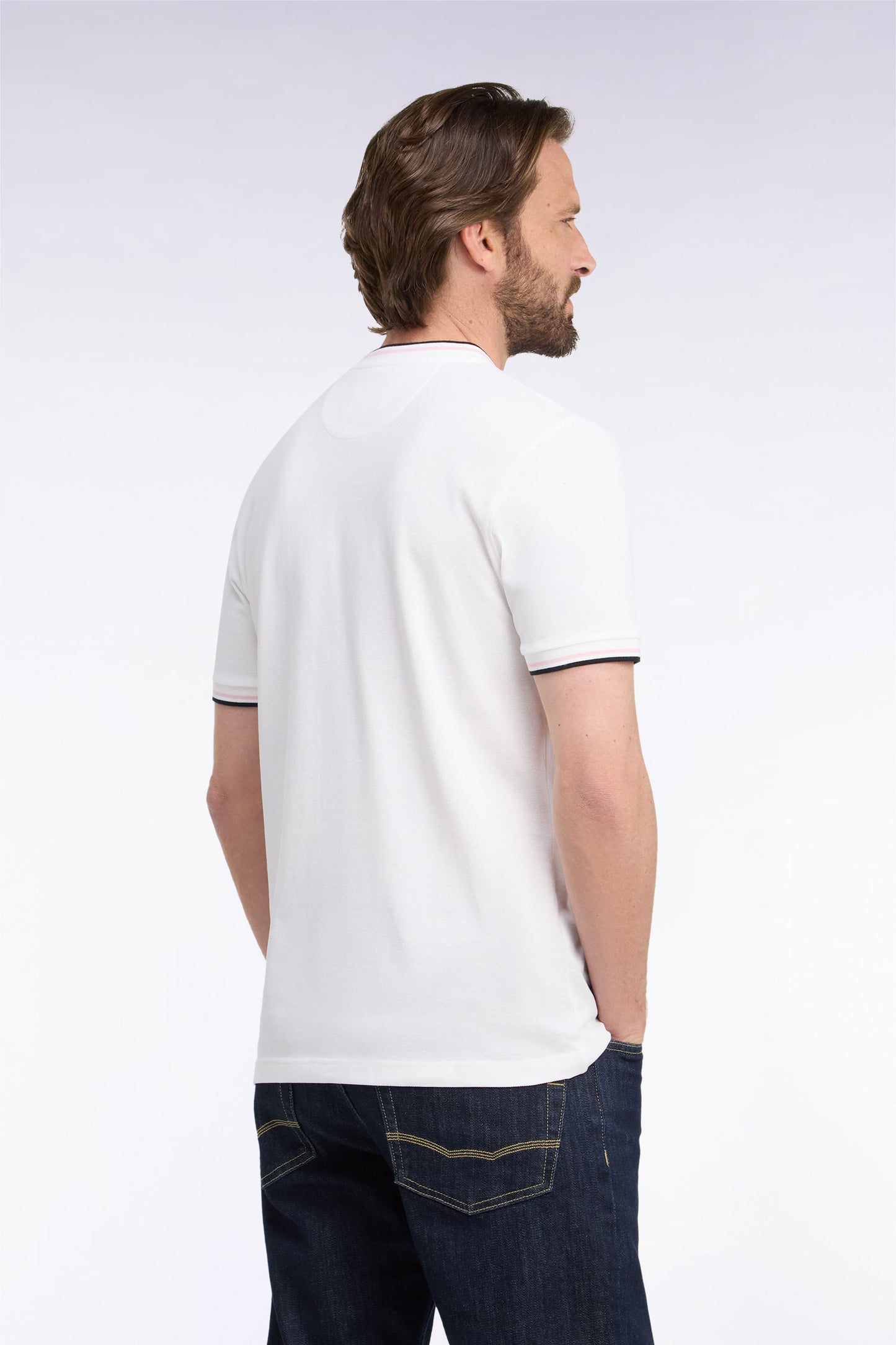 T-shirt manches courtes en coton écru à bords-côtes rayés coupe droite