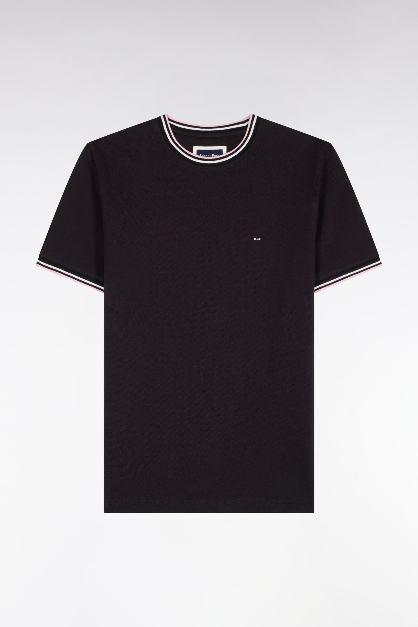 T-shirt manches courtes en coton noir à bords-côtes rayés coupe droite
