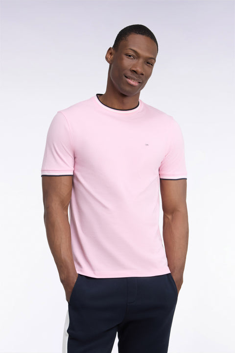 T-shirt manches courtes en coton rose à bords-côtes rayés coupe droite - Image 3