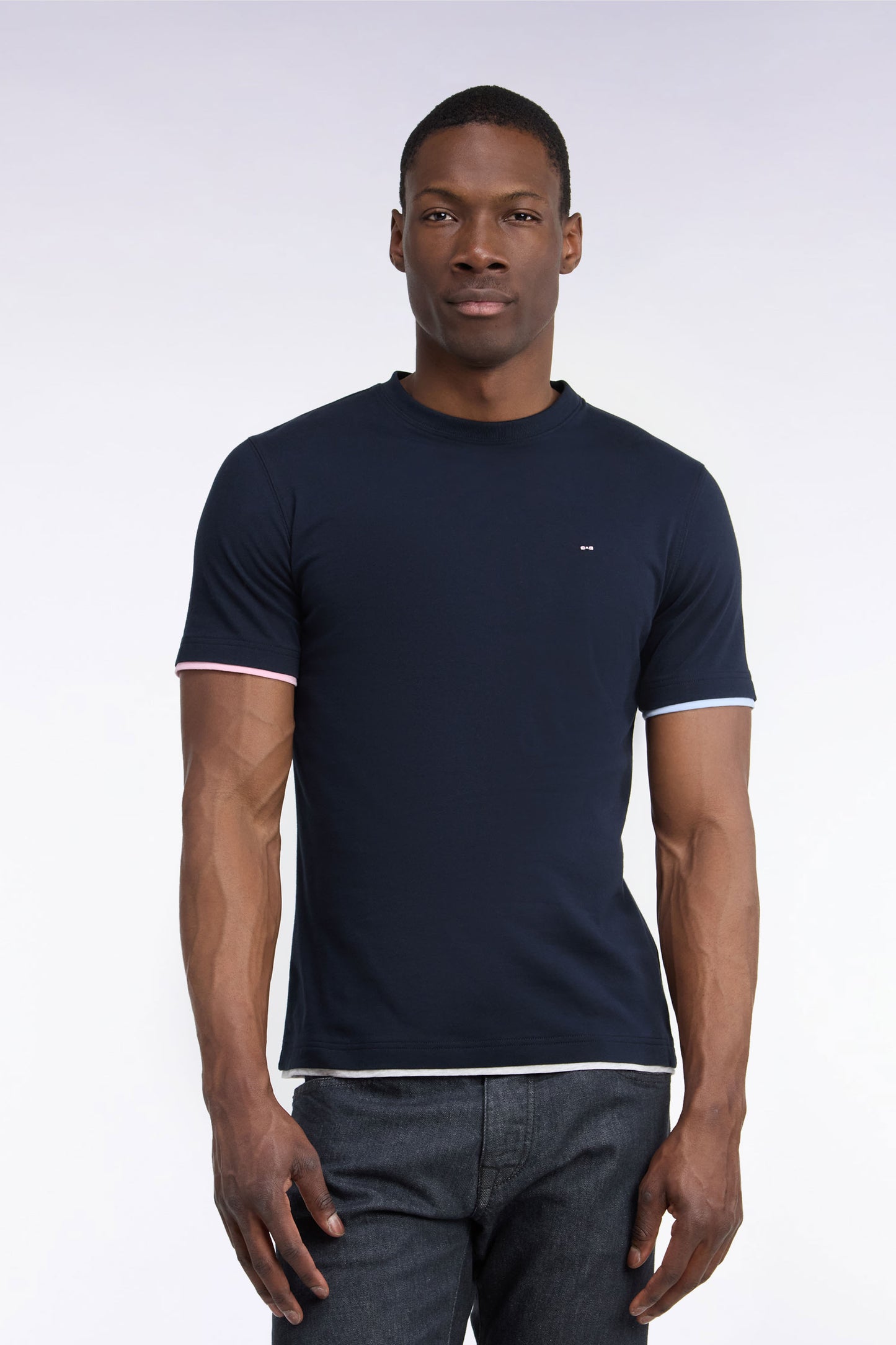 T-shirt manches courtes en coton marine sérigraphie dos coupe droite