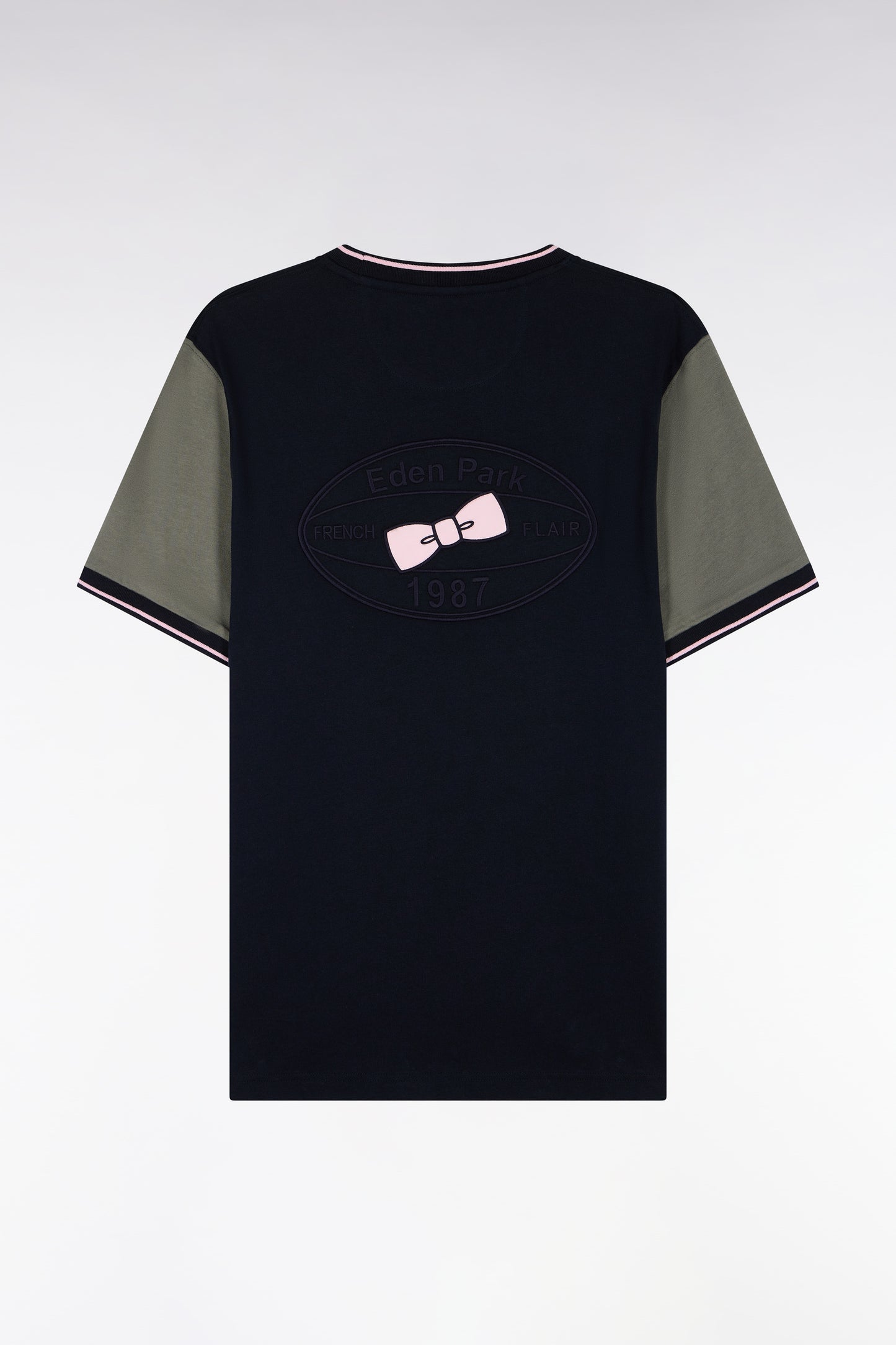 T-shirt manches courtes marine à manches vert olive coupe droite