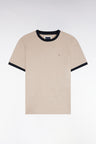 Short-sleeved t-shirt in beige cotton with navy ribbed straight cut