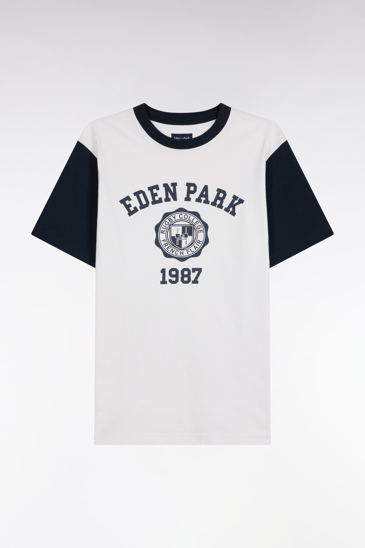 T-shirt manches courtes bicolore en coton écru sérigraphié coupe droite