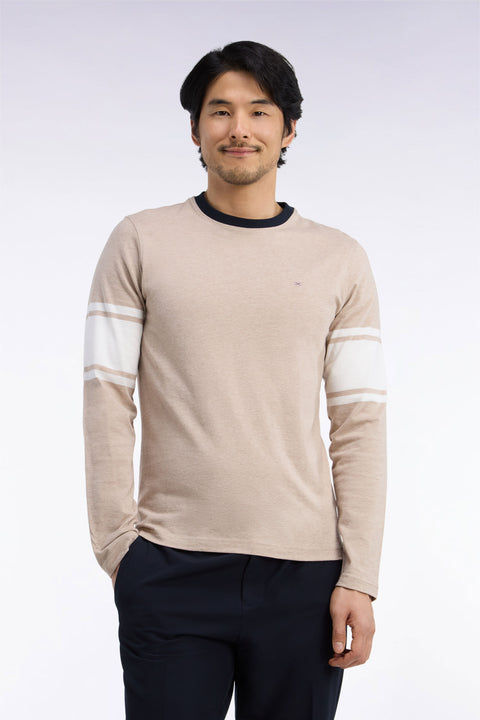 T-shirt manches longues en coton peigné beige coupe droite - Image 3