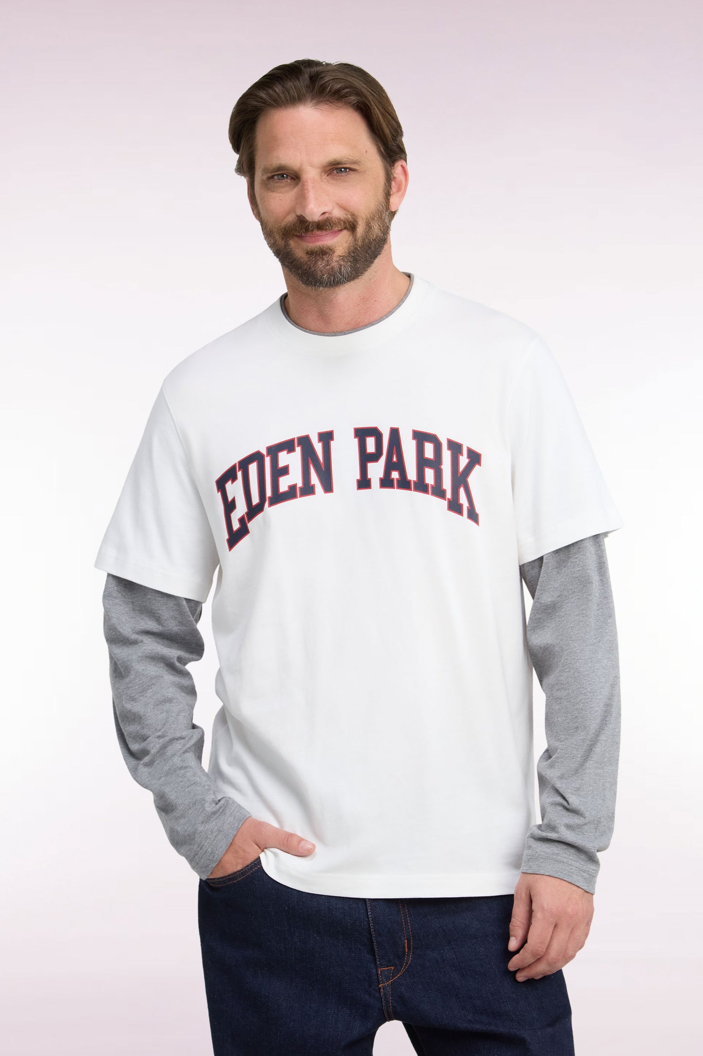 T-shirt manches longues effet superposition en coton peigné écru coupe droite