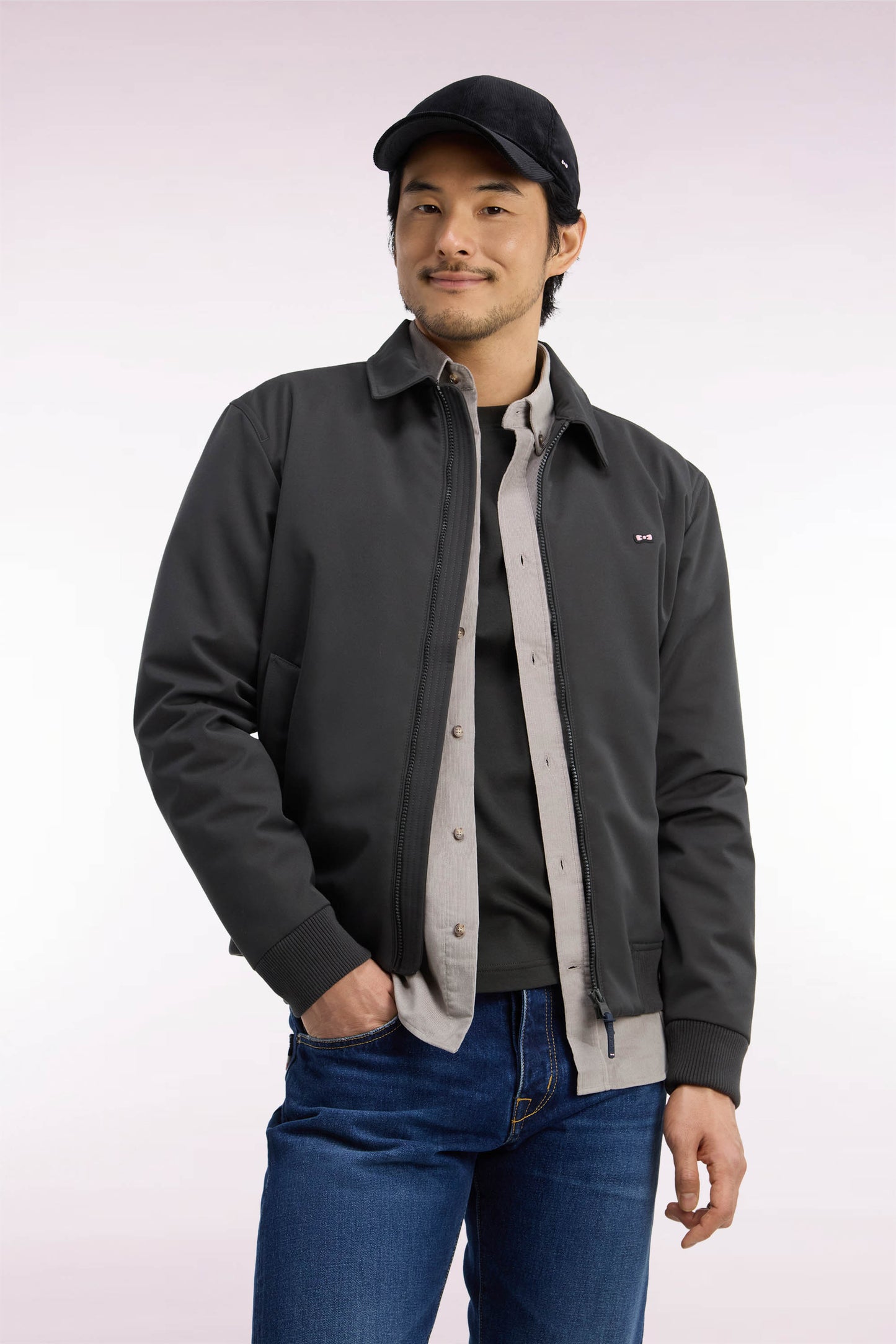 Blouson en nylon kaki à bords-côtes coupe droite