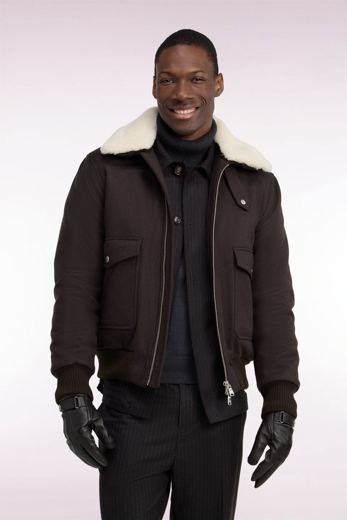 Blouson en maille marron à col shearling
