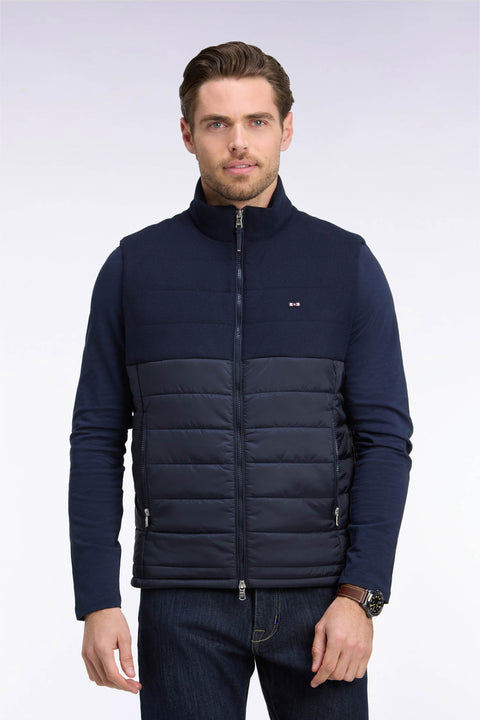 Doudoune sans manches bimatière en nylon et flanelle marine - Image 3