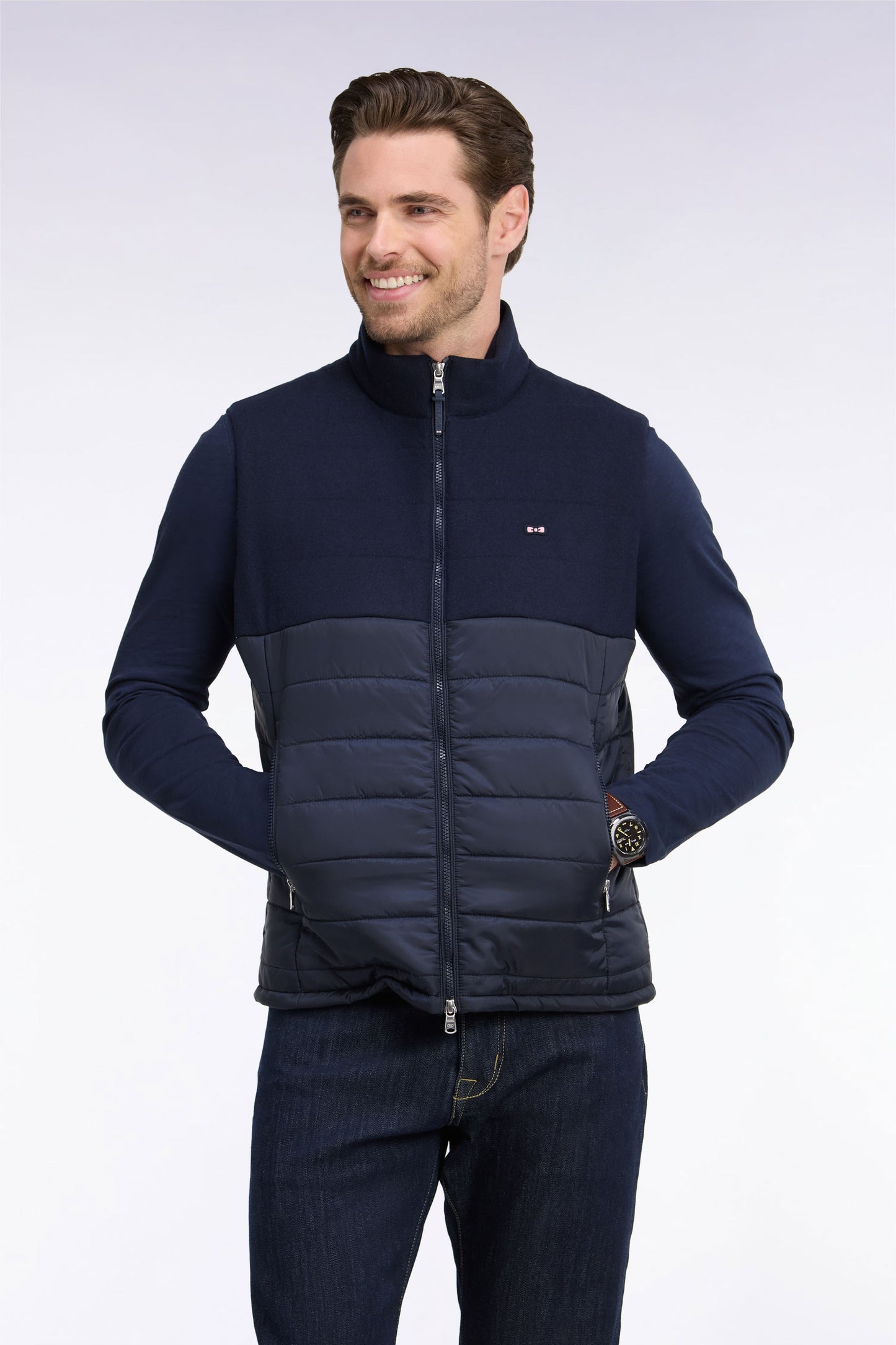 Doudoune sans manches bimatière en nylon et flanelle marine