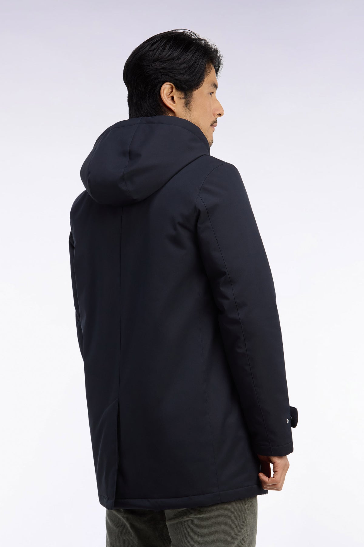 Black nylon raincoat with removable hood
